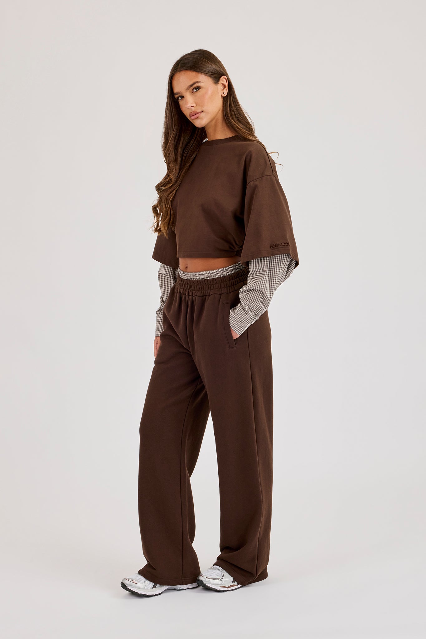 Cropped Oversized T-Shirt With Layered Shirt & Wide Leg Jogger - Chocolate